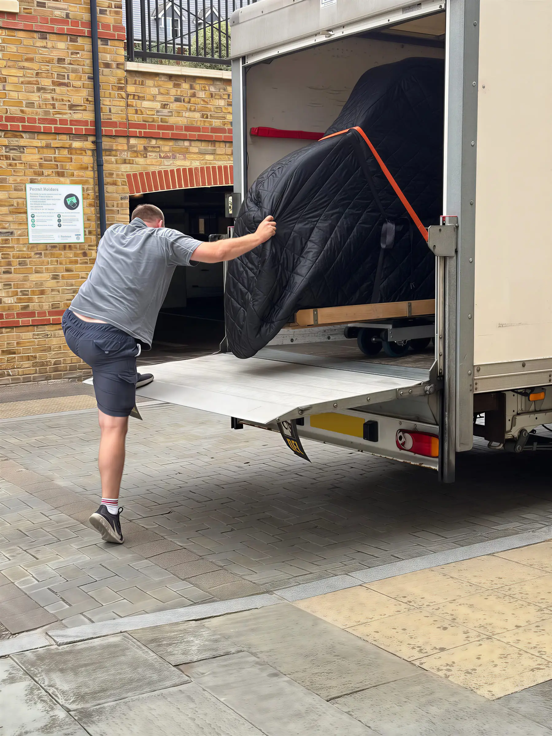 A mover easing the same wrapped piano onto the tail lift of the VVM van